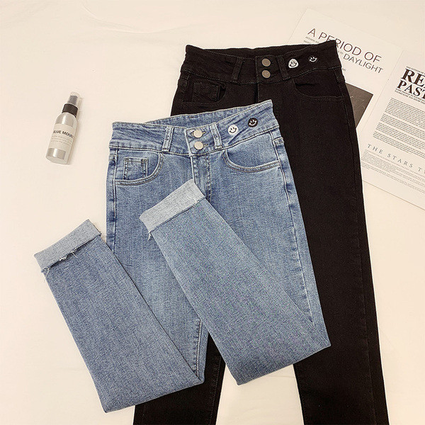 Blugi de dama cu talie inalta, broderie si motiv rupt in negru si albastru