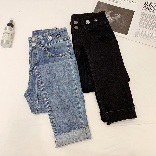 Blugi de dama cu talie inalta, broderie si motiv rupt in negru si albastru