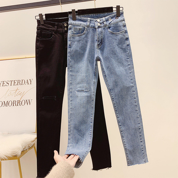 Blugi de dama cu talie inalta, broderie si motiv rupt in negru si albastru