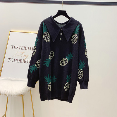 Pulover lat cu ananas si guler clasic in gri si negru