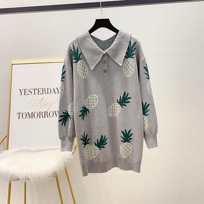 Pulover lat cu ananas si guler clasic in gri si negru