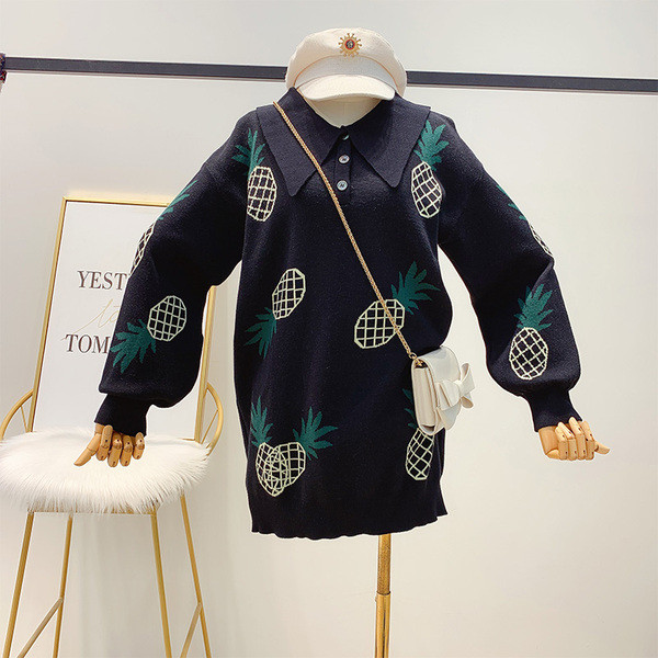 Pulover lat cu ananas si guler clasic in gri si negru