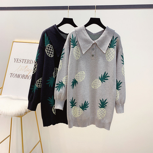 Pulover lat cu ananas si guler clasic in gri si negru