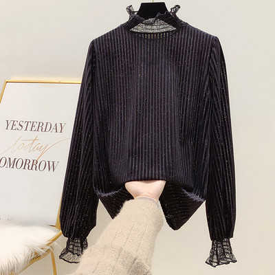 Cămașă de damă elegantă din catifea, cu particule strălucitoare și guler înalt, în alb și negru