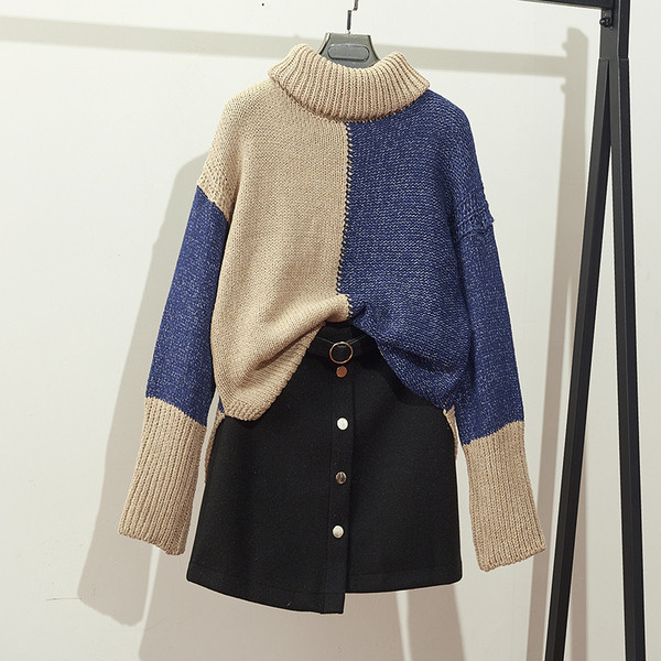 Set de iarna dama - pulover cu guler polo inalt si fusta cu nasturi