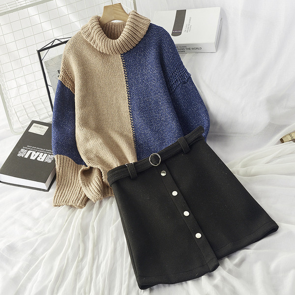 Set de iarna dama - pulover cu guler polo inalt si fusta cu nasturi