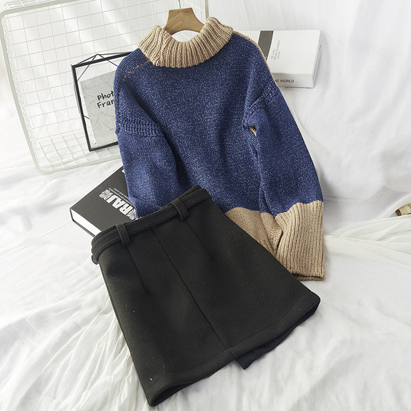 Set de iarna dama - pulover cu guler polo inalt si fusta cu nasturi