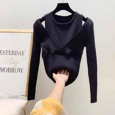 Pulover de iarnă de damă modern cu mâneci lungi și umerii goi