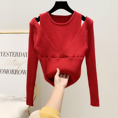 Pulover de iarnă de damă modern cu mâneci lungi și umerii goi