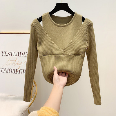 Pulover de iarnă de damă modern cu mâneci lungi și umerii goi