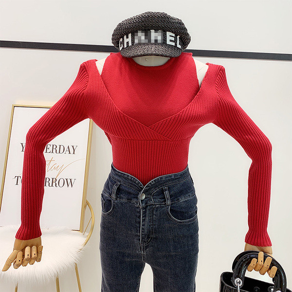 Pulover de iarnă de damă modern cu mâneci lungi și umerii goi