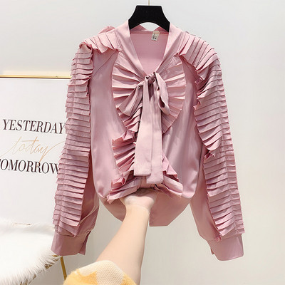 Camasa de dama toamna-iarna cu bucle si guler cu panglica