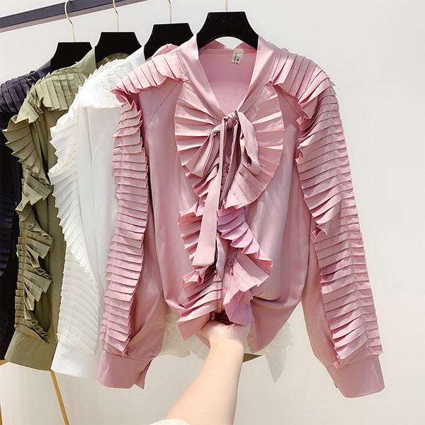 Camasa de dama toamna-iarna cu bucle si guler cu panglica