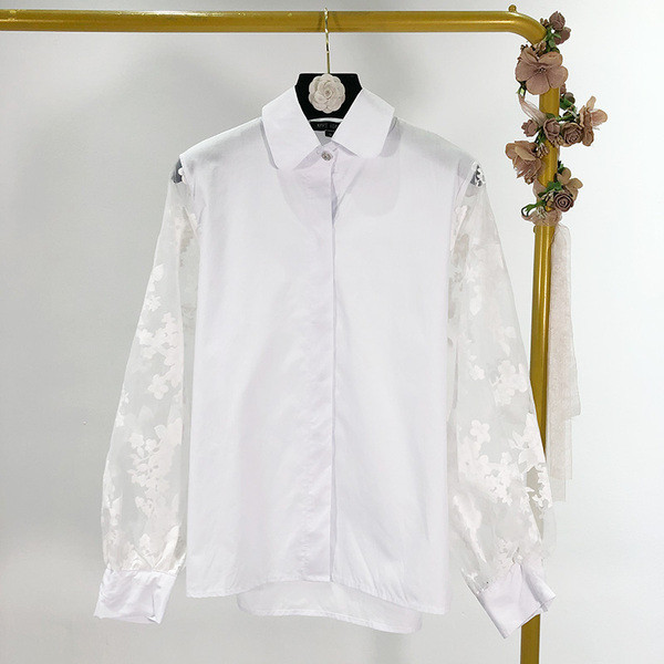 Cămașă de damă model clasic cu mâneci din tul alb