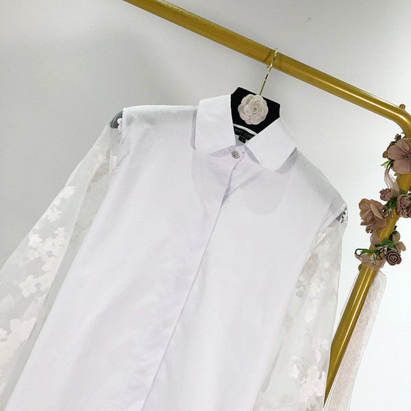 Cămașă de damă model clasic cu mâneci din tul alb