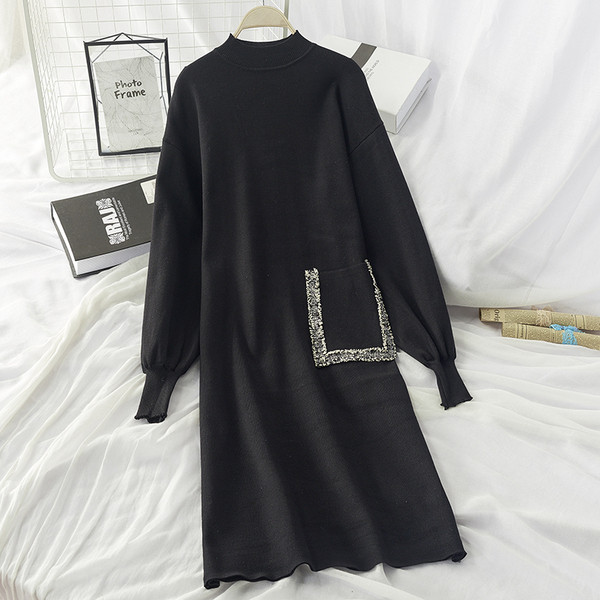 Rochie de dama model free cu buzunar si decolteu rotund alb-negru