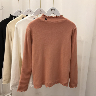 Pulover de damă tricotat model nou, cu guler polo jos, broderie și căptușeală moale în alb, portocaliu, bej și negru