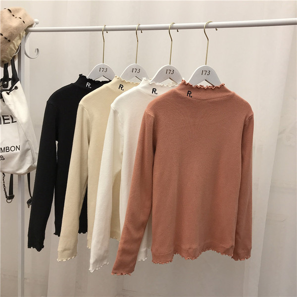 Pulover de damă tricotat model nou, cu guler polo jos, broderie și căptușeală moale în alb, portocaliu, bej și negru