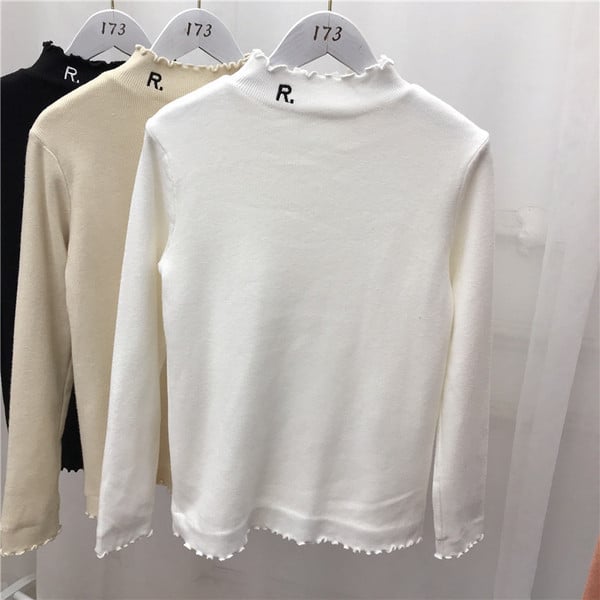 Pulover de damă tricotat model nou, cu guler polo jos, broderie și căptușeală moale în alb, portocaliu, bej și negru