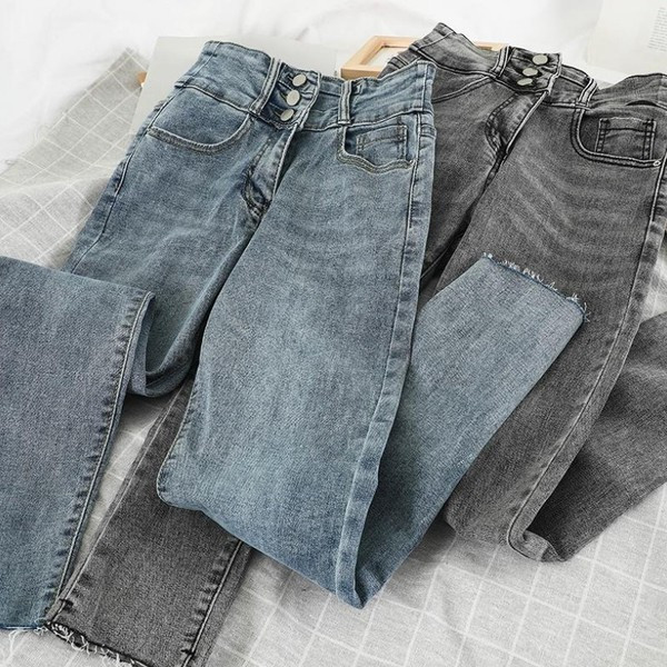 Blugi casual de dama in gri si negru cu talie inalta si nasturi