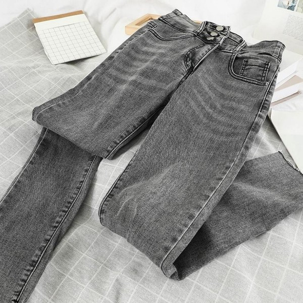 Blugi casual de dama in gri si negru cu talie inalta si nasturi