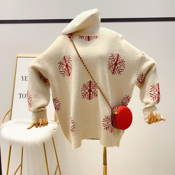 Pulover lat retro cu fulgi de nea cu motiv de Crăciun în roșu și bej