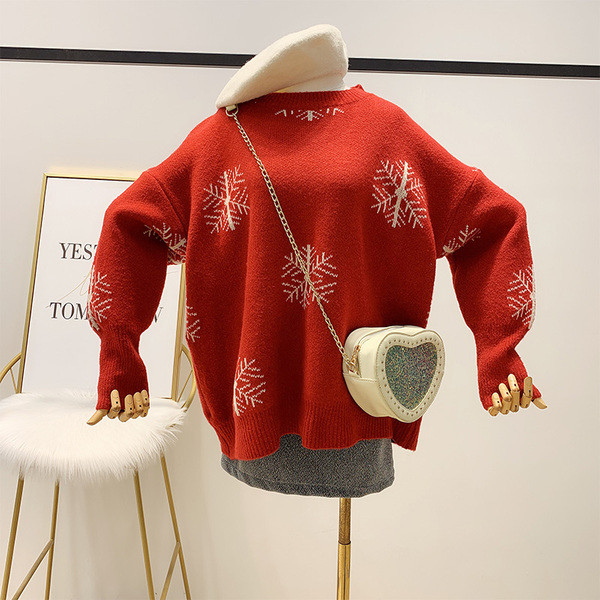 Pulover lat retro cu fulgi de nea cu motiv de Crăciun în roșu și bej