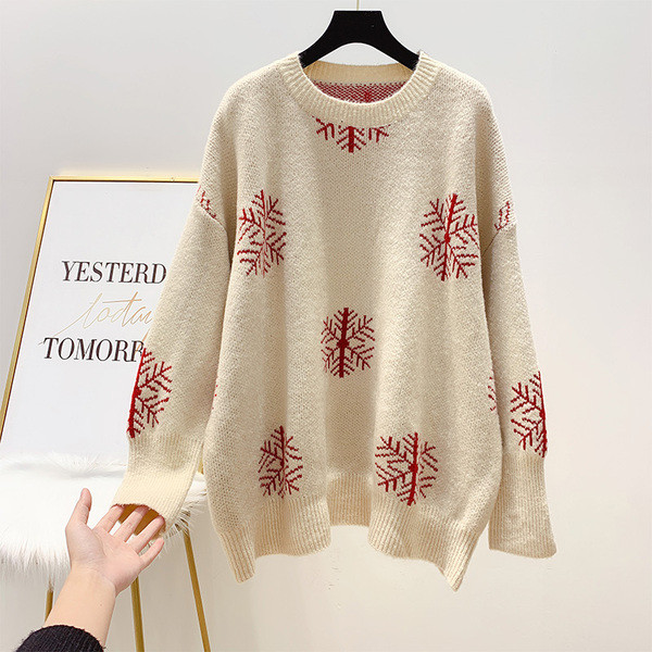 Pulover lat retro cu fulgi de nea cu motiv de Crăciun în roșu și bej