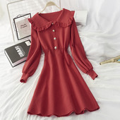 Rochie de dama de iarna tricotata cu nasturi model retro - mai multe culori