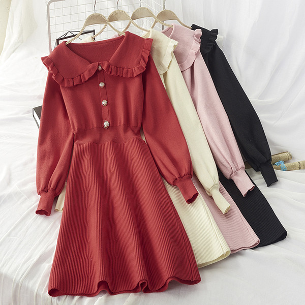 Rochie de dama de iarna tricotata cu nasturi model retro - mai multe culori