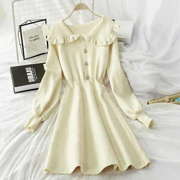 Rochie de dama de iarna tricotata cu nasturi model retro - mai multe culori