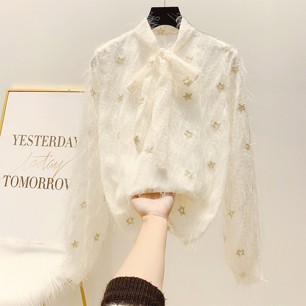 Cămașă modernă de șifon de damă cu franjuri și broderie stea în trei culori