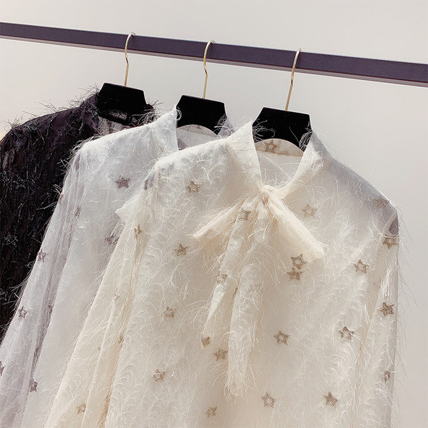 Cămașă modernă de șifon de damă cu franjuri și broderie stea în trei culori