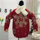 Pulover de Crăciun tricotat cu fulgi de nea și decolteu rotund în verde, negru, roșu și alb