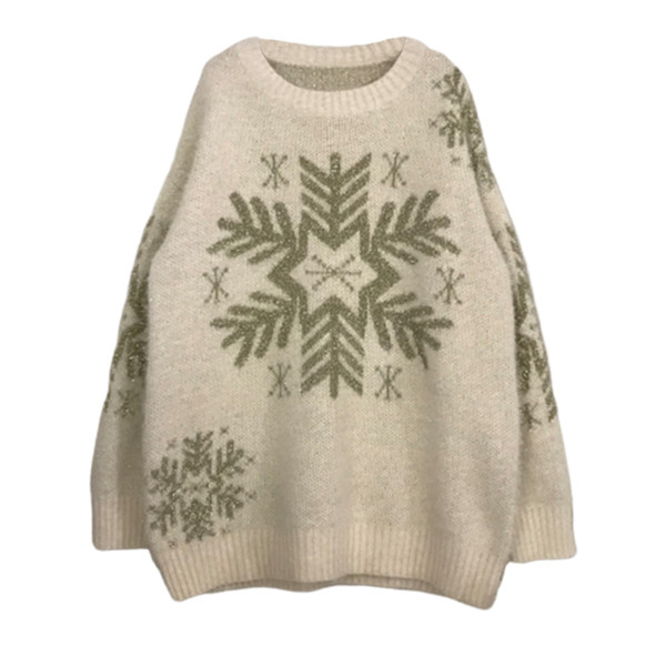 Pulover de Crăciun tricotat cu fulgi de nea și decolteu rotund în verde, negru, roșu și alb