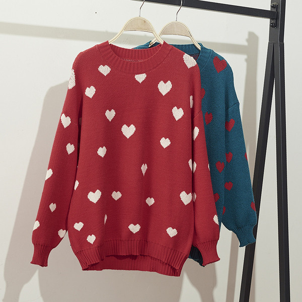 Pulover de dama toamna-iarna cu decolteu rotund in albastru si rosu