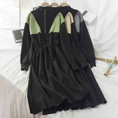 Rochie de iarna de dama tricotata cu fermoar si cravata in talie