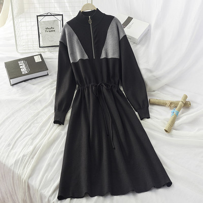 Rochie de iarna de dama tricotata cu fermoar si cravata in talie