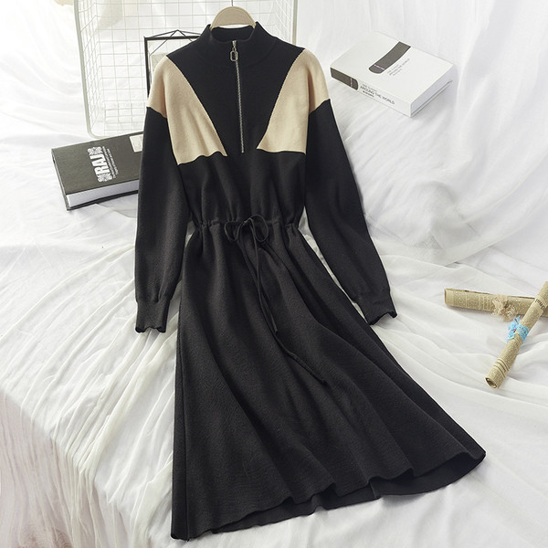 Rochie de iarna de dama tricotata cu fermoar si cravata in talie