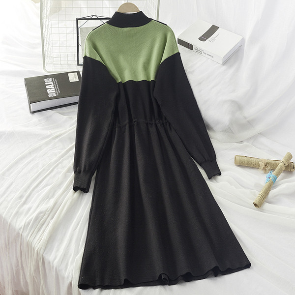 Rochie de iarna de dama tricotata cu fermoar si cravata in talie