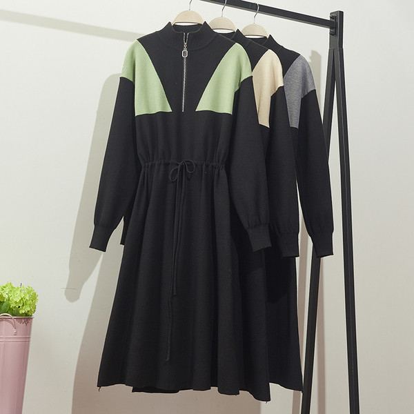 Rochie de iarna de dama tricotata cu fermoar si cravata in talie