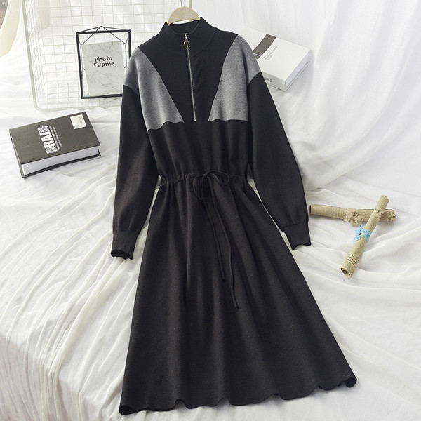 Rochie de iarna de dama tricotata cu fermoar si cravata in talie