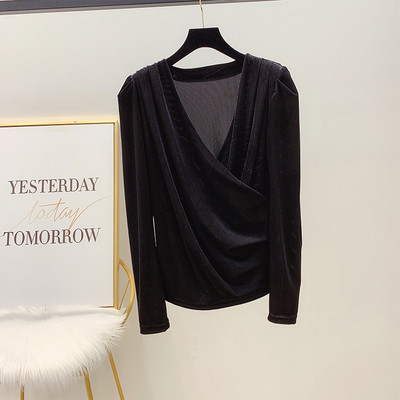 Cămașă retro de catifea de damă, elegantă, cu decolteu în V, în alb-negru