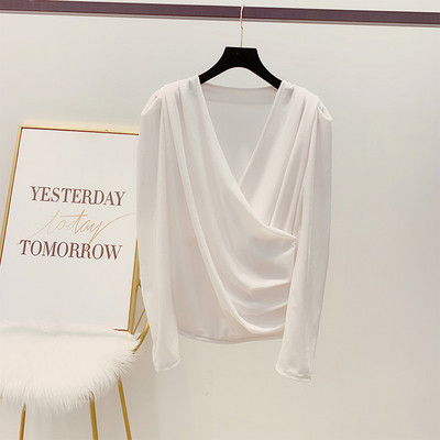 Cămașă retro de catifea de damă, elegantă, cu decolteu în V, în alb-negru