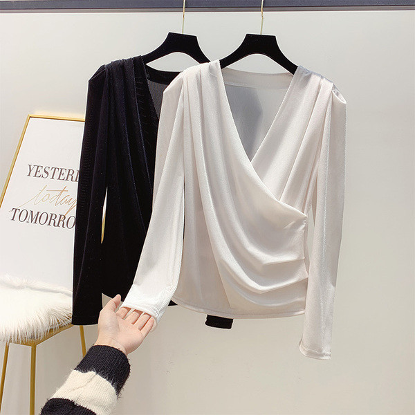 Cămașă retro de catifea de damă, elegantă, cu decolteu în V, în alb-negru