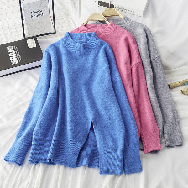 Pulover de iarnă de damă cu model cu fante largă cu decolteu rotund