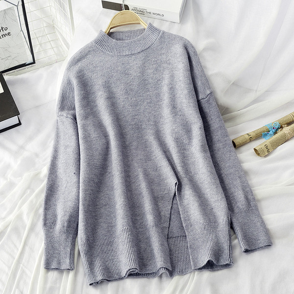 Pulover de iarnă de damă cu model cu fante largă cu decolteu rotund