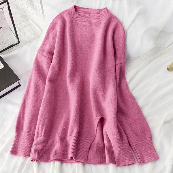 Pulover de iarnă de damă cu model cu fante largă cu decolteu rotund