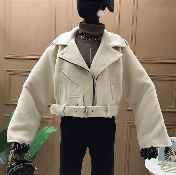 Jachetă scurtă de iarnă modernă de damă cu curea și fermoar în bej și gri