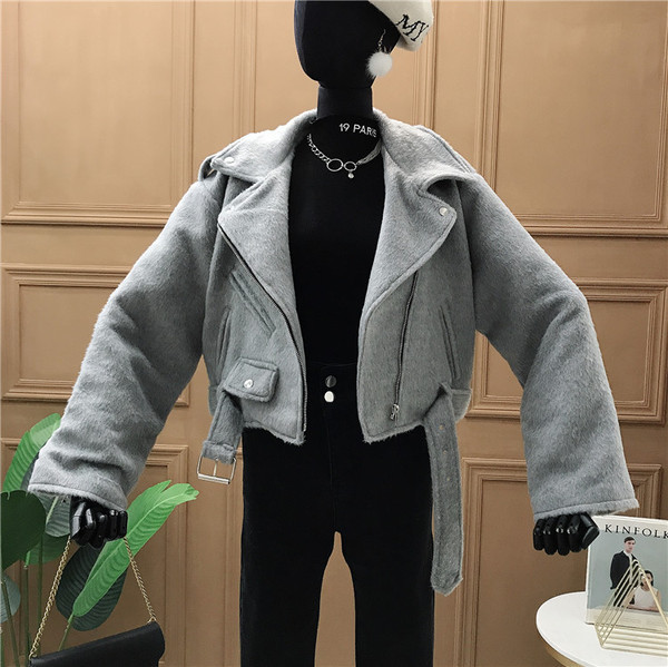 Jachetă scurtă de iarnă modernă de damă cu curea și fermoar în bej și gri